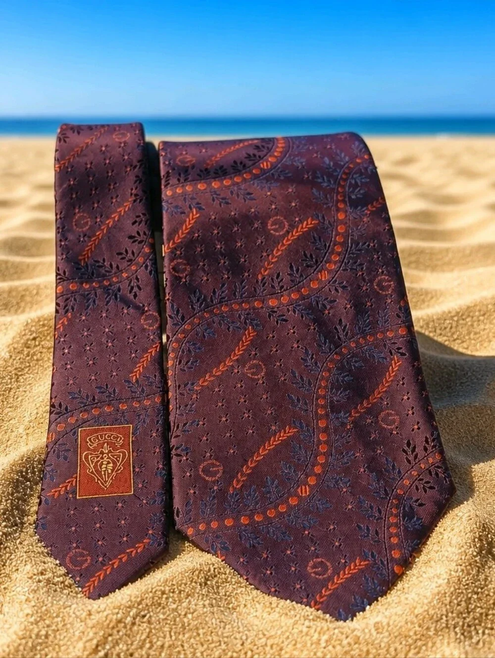 Gucci Luxury Silk Men's Burgundy and Orange Paisley Silk Tie (1185)